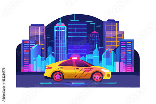 Yellow taxi in a vibrant neon city at night