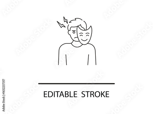 Man hides inner turmoil behind a smiling mask, symbolizing emotional struggle and mental health challenges.
