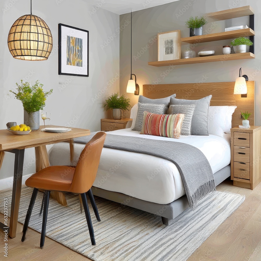 Fototapeta premium Bright and Airy Modern Bedroom with Wooden Accents and Neutral Palette