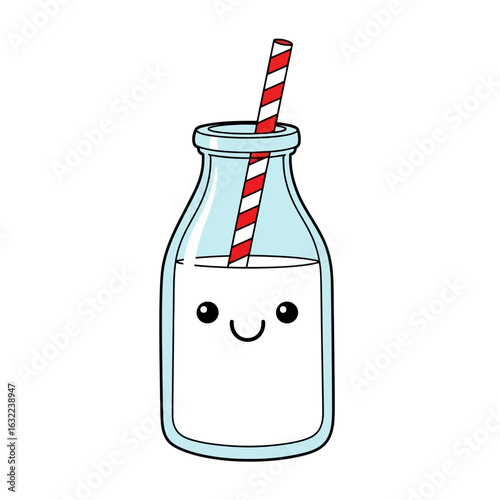 Vector art of cute kawaii milk bottle with straw isolated on white background