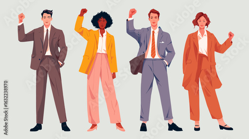 Men and women in their 20s to 40s in suits making a fist pump. Flat vector illustration