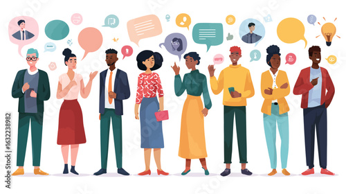 Diverse teamwork and collaboration icons representing various activities and interactions in a business or community setting. Vector flat illustration
