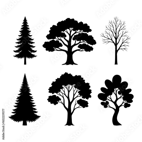 Vector art of collection of black tree silhouettes isolated on white background