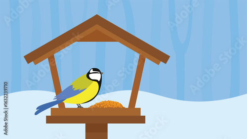 Illustration of a bird sitting in a bird feeder in winter