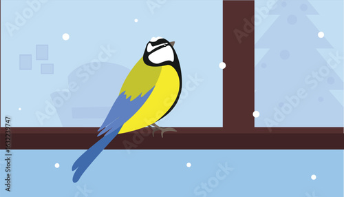 Blue tit on the windowsill. Vector illustration in flat style.