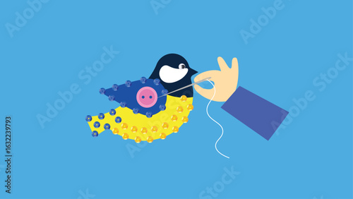 Making a tit from a button and beads. Hand with needle. Vector illustration.