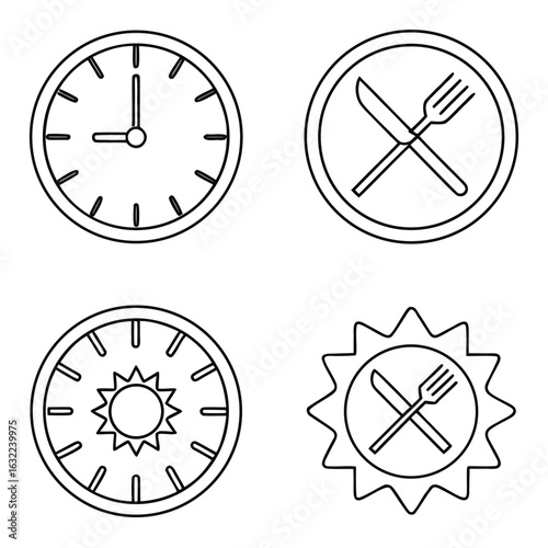 Clean minimalist line art icons: clock, sun, knife, fork; restaurant, time, meal, schedule concept; simple, modern design.
