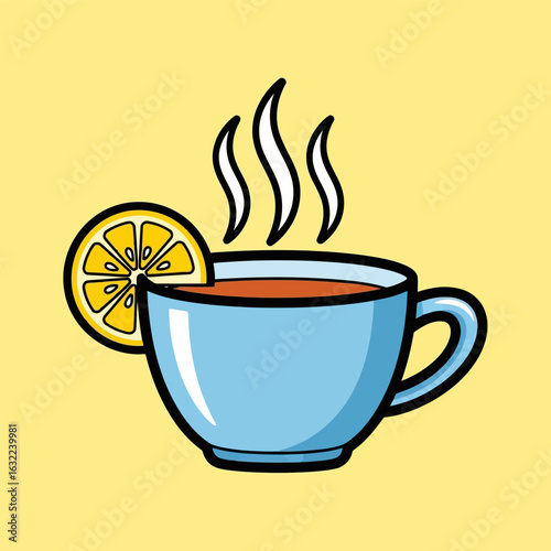 Vector art of blue cup of hot tea with a slice of lemon and steam, isolated on yellow background