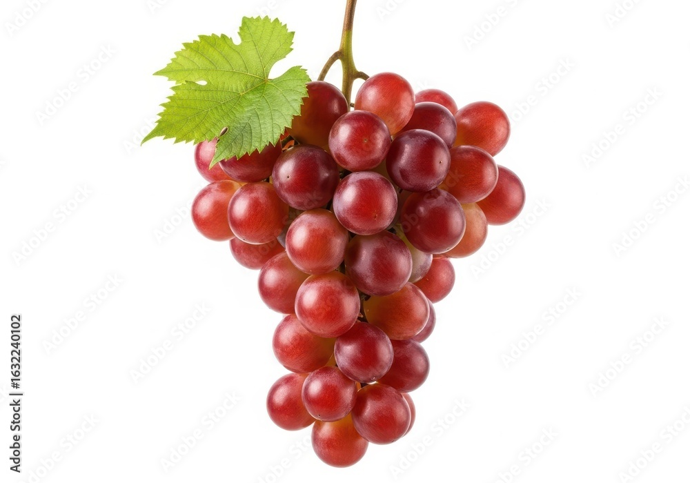 Fototapeta premium Ripe Red Grapes with Green Leaf on White fruit bunch