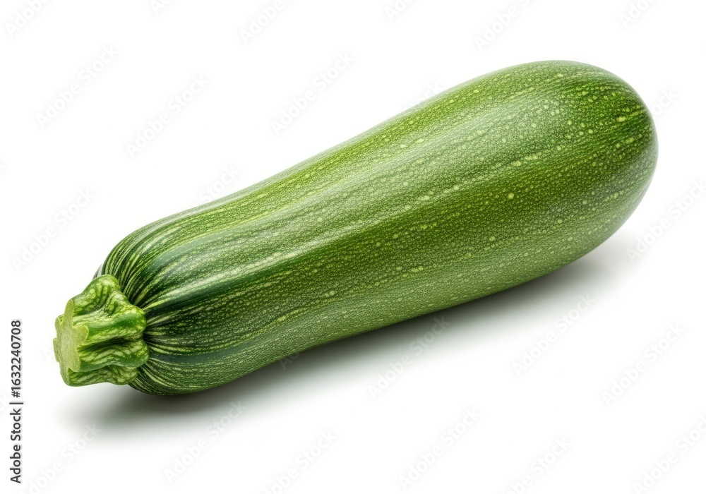 Single ripe green zucchini vegetable with light speckles on white squash food Single ripe green zucchini vegetable with light speckles on white squash food