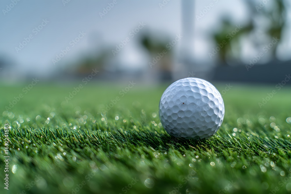 Fototapeta premium Close up of a white golf ball sitting on a green grassy surface with blurred background on a cloudy day