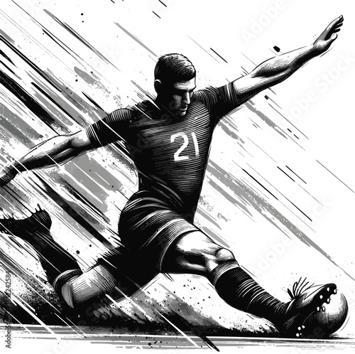 Monochrome illustration depicting a soccer player in mid-action kicking a ball with power and precision..