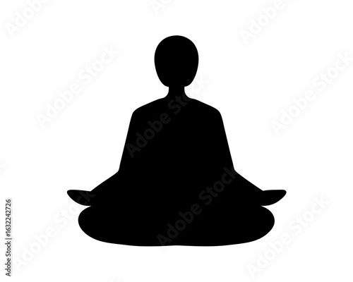 Silhouette of a person in lotus position practicing meditation on white background