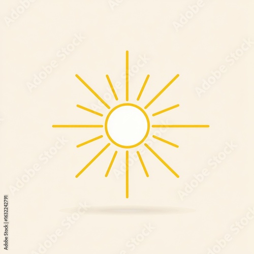 Simple golden sun icon on a light beige background.  A golden outline circle sun with radiating golden lines.  Soft light beige backdrop