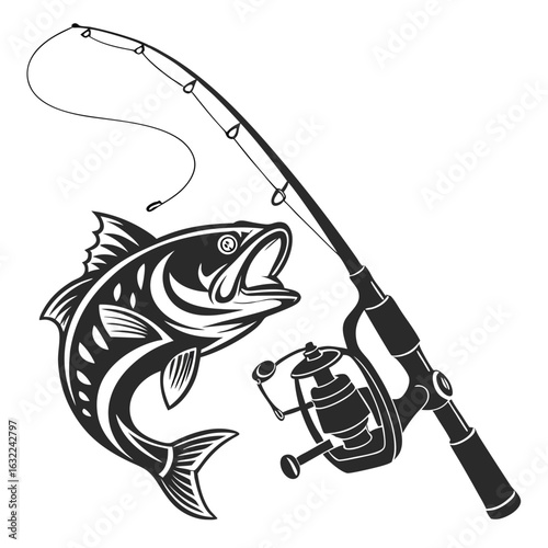 A leaping fish caught on a fishing rod and reel