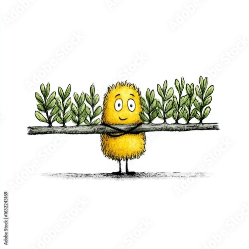 Cheerful Yellow Creature Carrying Branch with Green Leaves
