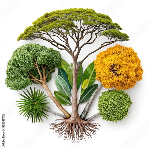 Circular Arrangement of Lush Green and Yellow Foliage Around a Tree with Exposed Roots