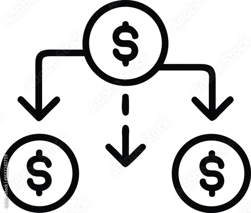 Vector art of financial distribution and allocation concept, money flow diagram with dollar signs and arrows, isolated on white background