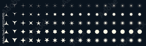 Stylized light bursts and star effects in retro graphic look. Sparkling flat shapes radiate brilliance. Great for decoration, tattoo ideas or modern space themed branding.