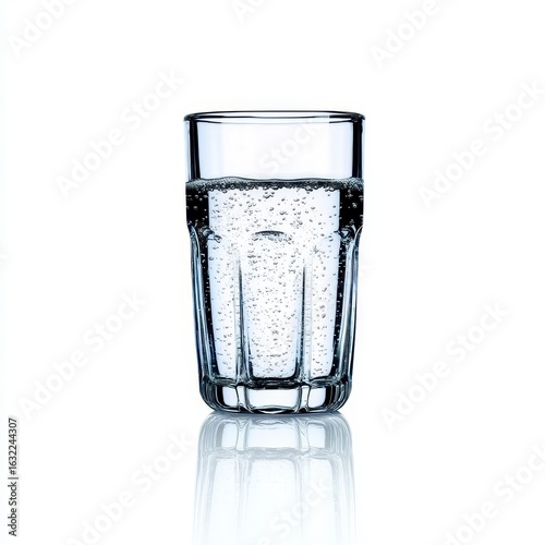 Clear Glass of Sparkling Water on White Background