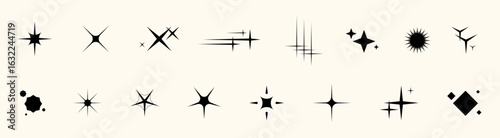 Flash light icons and glitter stars in bright modern pack. Starlight silhouettes reflect retro energy. Use in bold graphic projects, sticker sheets or aesthetic visual branding.