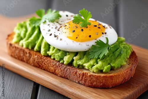 Close Up of Avocado Toast with Poached Egg and Cilantro