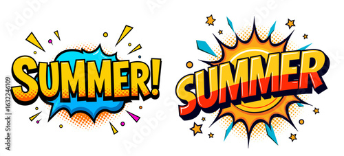 Colorful summer comic-style text with bursts and stars  