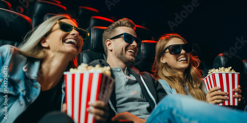 Group of young friends enjoying a 3D movie in a cinema hall, wearing 3D glasses, smiling, holding popcorn and drinks. Vibrant, lively atmosphere. AI-generated, symbolic lifestyle scene.