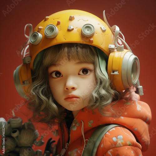 Sweet Young Girl in Sci‑Fi Inspired Yellow Headgear with Plush Companion – Digital Painting Style
