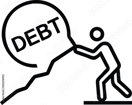 Vector art of person pushing a large ball labeled debt up a hill, symbolizing financial struggle and burden