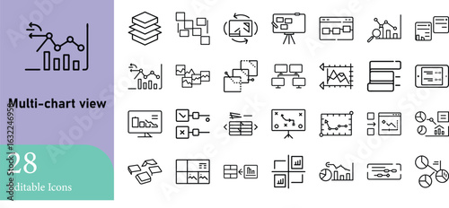 A collection of twenty-eight editable sat icons representing various chart types and data visualization elements, ideal for design and presentation.