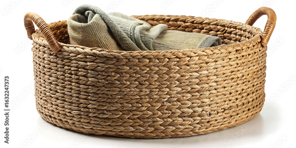 Obraz premium A round woven storage basket with handles, filled with folded neutralcolored textiles, isolated on white background