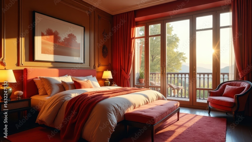 Obraz premium Luxurious bedroom with panoramic window views.