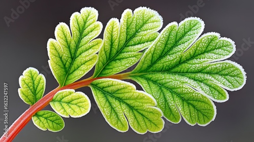 Close up of Green Fern Frond with Red Stem Against Gray Background
