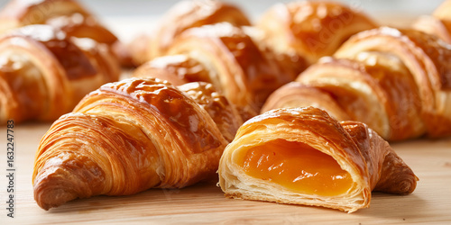 lose-up of a sliced croissant filled with golden apricot jam, warm layers and glossy fruit filling visible in bright natural light. Created with AI.
