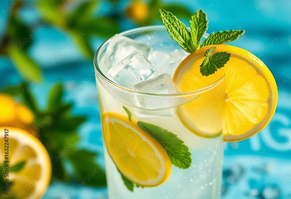 Fototapeta premium Crystal clear glass of fresh lemonade with ice cubes and mint sprigs, summer vibe, juicy, delicious