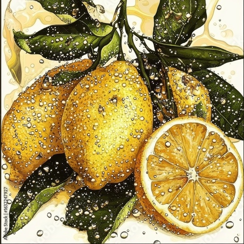 Close up of Juicy Lemons with Water Droplets and Green Leaves