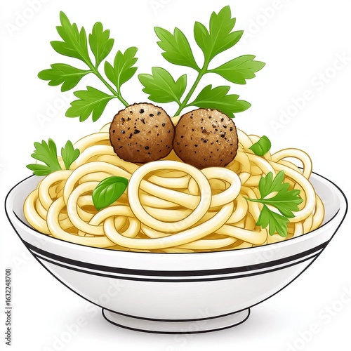 Close Up of Spaghetti with Meatballs and Parsley Garnish in White Bowl