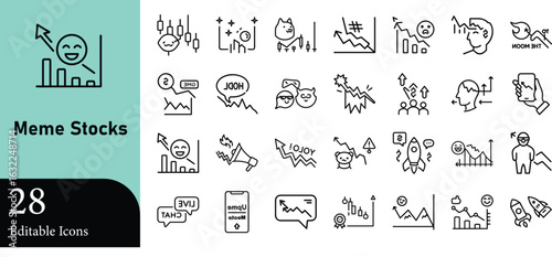 Collection of minimalist vector icons representing meme stocks financial trends and the volatile nature of market investments depicted with visual representations.