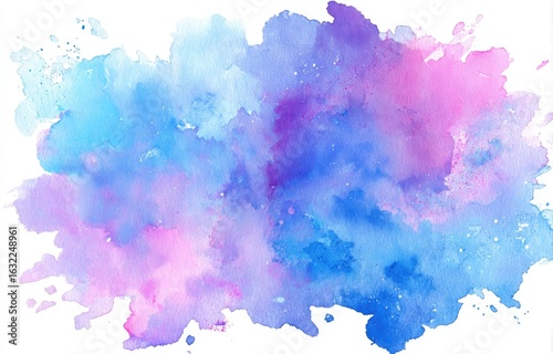 Abstract watercolor splash in pastel blues, pinks, and purples on white background
