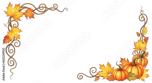 Autumn fall corner decoration with maple leaves and pumpkins isolated on white background