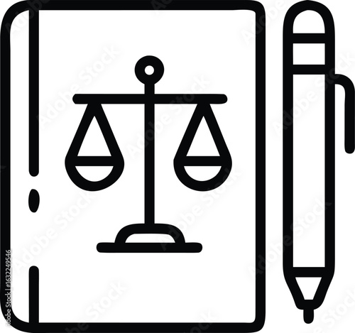 Vector art of law book with scales of justice symbol and pen, isolated on white background