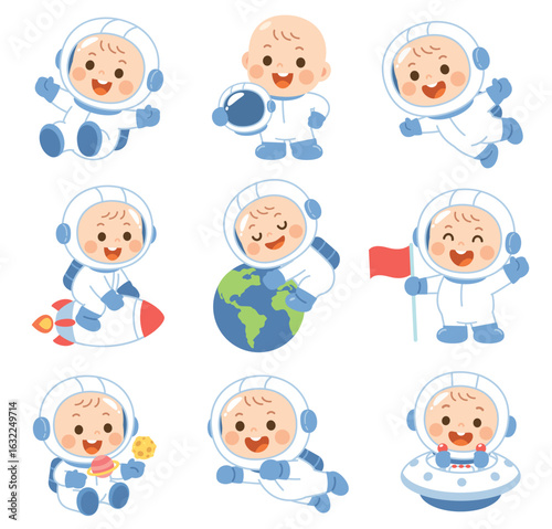 Set of Cute Baby Astronaut Cartoon Characters in Various Space Actions – Vector Illustration