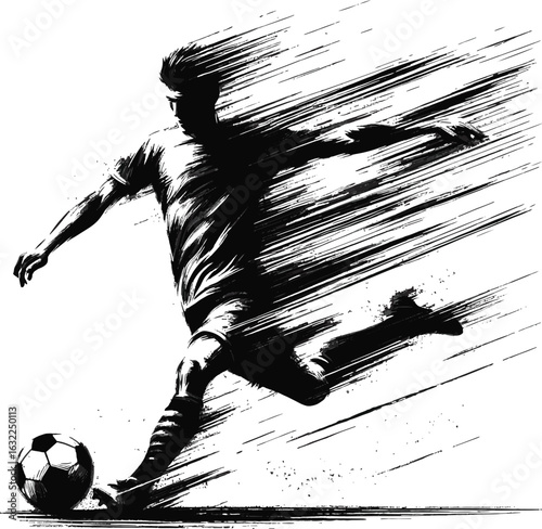 Black and white artistic sketch of a soccer player kicking a ball, emphasizing motion and energy.