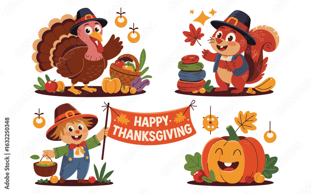 Naklejka premium Thanksgiving characters and harvest elements vector set turkey squirrel