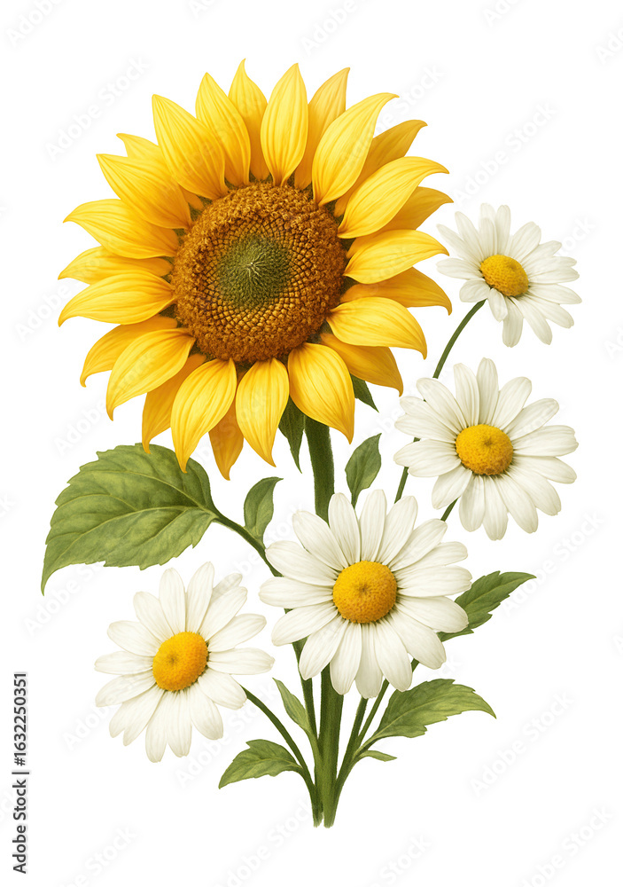 Naklejka premium A detailed illustration of a vibrant sunflower and three white daisies with lush green leaves on transparent background.