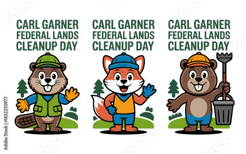 Cartoon animals federal lands cleanup day vector set icon