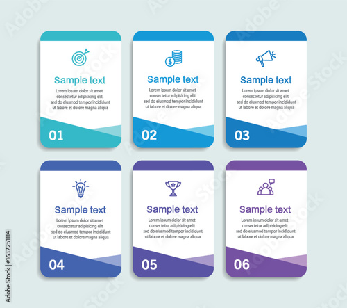 Business vector infographic design template with icons and 6 options or steps. Can be used for process diagram, presentations, workflow layout, banner, flow chart, info graph