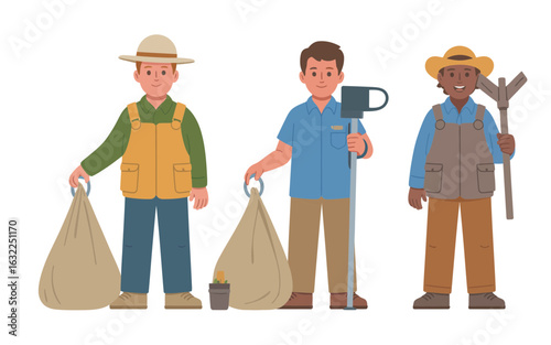 Three men with cleanup tools and bags people trash