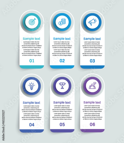 Business vector infographic design template with icons and 6 options or steps. Can be used for process diagram, presentations, workflow layout, banner, flow chart, info graph